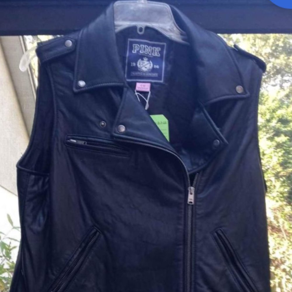 PINK Victorias Secret Black Leather Motorcycle Vest.Womens Large 's
